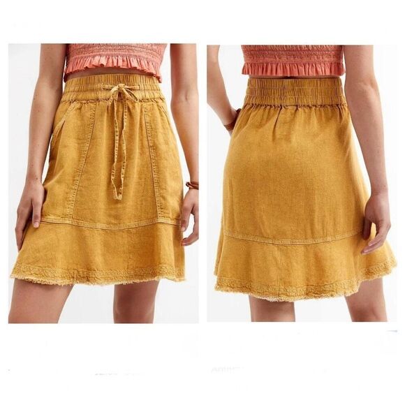Anthropologie Pilcro linen blend Flounced Mini Skirt‎ Size XL yellow mustard - Picture 2 of 10